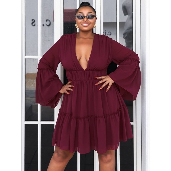 Plus Size Flare Sleeve Plunge Mini Dress - Picture 2 of 6